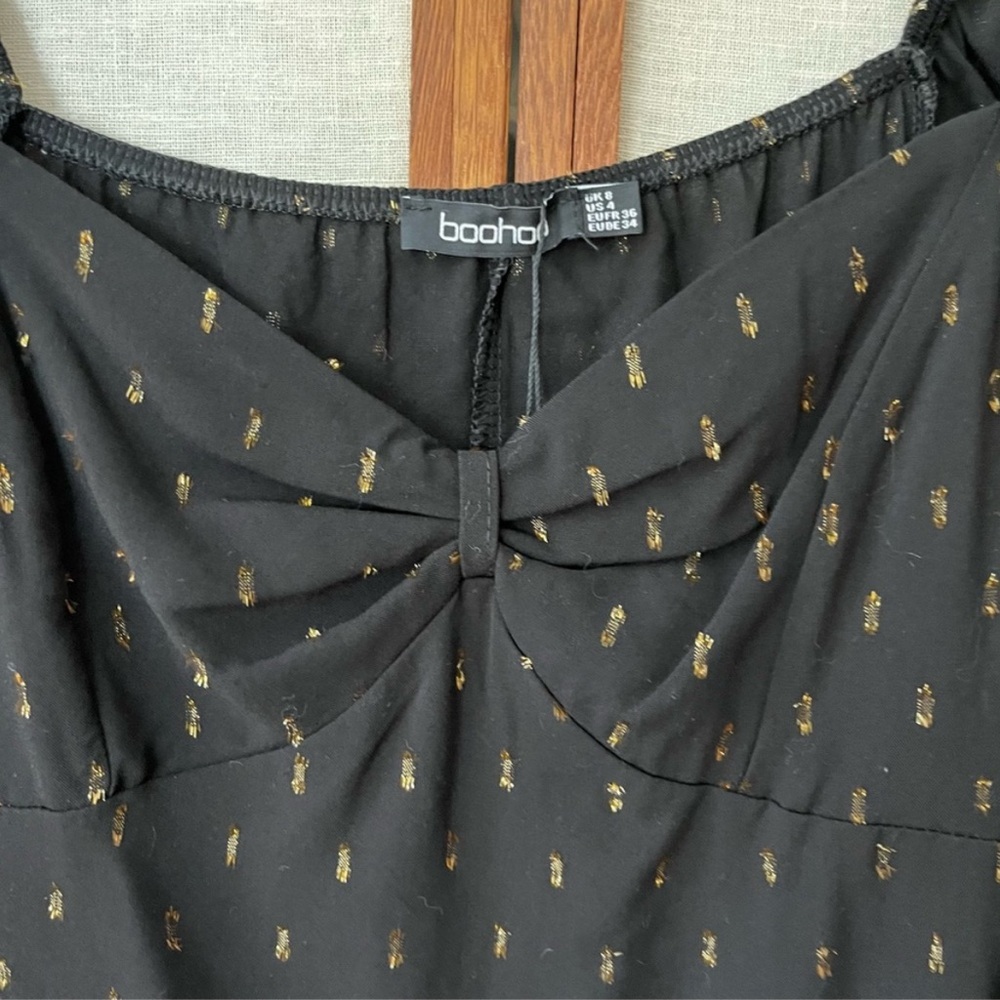 Boohoo Petite Metallic Black and Gold Donny Puff Sleeve Midi Dress NWT - 8 - Picture 8 of 13